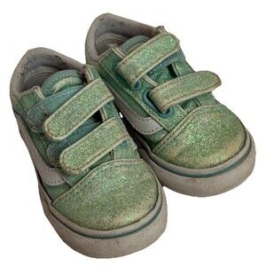 Vans Old Skool V Blue Green Glitter Skate Shoe Toddler Size 5 - Play Condition